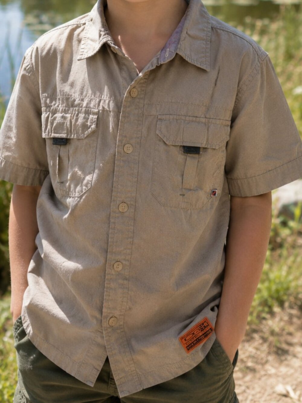 Ocean Pacific Youth's Short Sleeve Beige Vented Fishing Shirt Outdoor Hiking